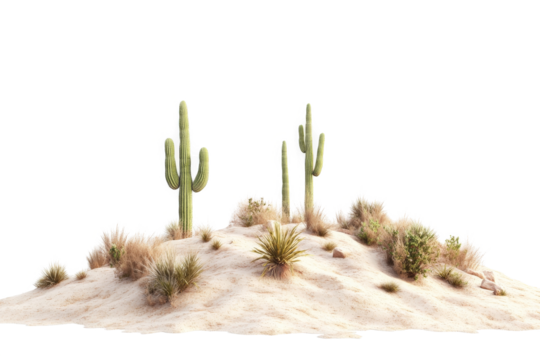 a desert with cactuses and sand cutout image and isolated on transparent background 