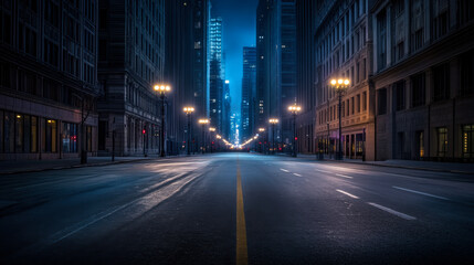 City street illuminated by streetlights at night with tall buildings and reflective pavement