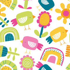 Vector seamless pattern with cute birds, flowers and rainbows. Bright summer, spring print. Easter. Creative kids texture for fabric, wrapping, textile, wallpaper.