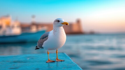 Fototapeta premium A solitary seagull stands on the edge of a dock, capturing the serene ambiance of seaside life, set against a beautifully blurred background of water and sky.