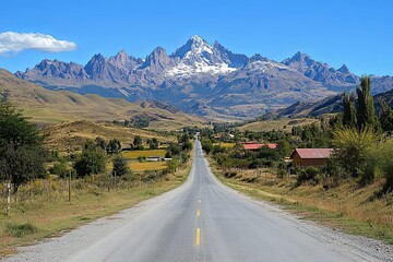 Fototapeta premium A long asphalt road leads towards snowy mountain peaks