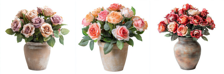 Set of a potted plant with flowers, Cutout of an bouquet of artificial roses, Green ross flower isolated on a transparent background
