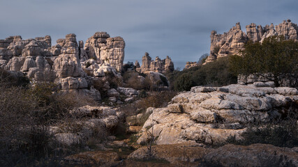 Fototapeta premium Rocky terrain unusual finger like landforms in karst landscape, El Torcal de Antequera, Spain