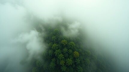 Misty forest top-down aerial view