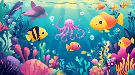 Fototapeta premium World ocean day posters with cute fish, octopus and seahorse characters deep underwater. Vector banners of global environment event with cartoon illustration of funny wild marine animals in sea