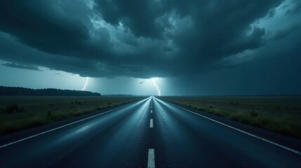 Naklejka premium A dark, empty highway stretches towards a dramatic thunderstorm, lightning illuminating the path ahead, a solitary journey under a brooding sky.