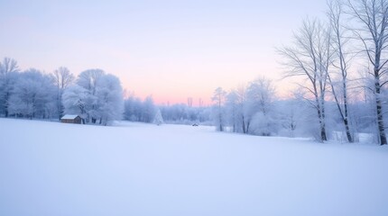 Obraz premium Winter sunrise over snowy field, cabin, trees; serene nature scene for calendar or website
