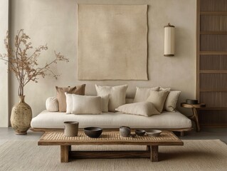 A serene living room decorated in neutral and organic tones