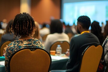 Engaged Audience: A diverse group of individuals absorbed in a presentation during a business conference, capturing the essence of learning, networking, and professional development. 
