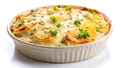 Baked Potato Gratin Topped with Creamy Cheese on a White Background