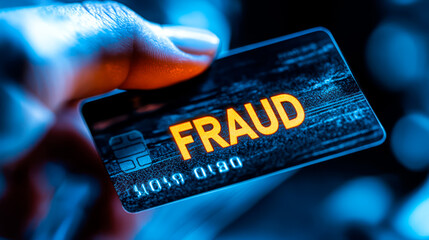 Bank credit card with word Fraud on it - electronic commerce scam concept