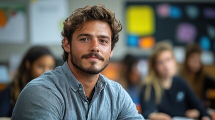 Fototapeta premium Portrait of a Confident Young Man in a Classroom Setting