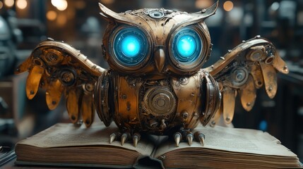 Mechanical Owl on Antique Book: A Steampunk Masterpiece