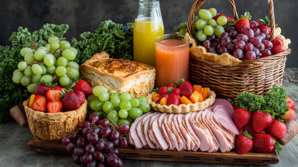 Picnic basket for park party vector illustration isolated icon set. Fruit, bread ham, juice, grapes, strawberry and pie meal for outdoor garden lunch. Takeaway healthy product clipart element