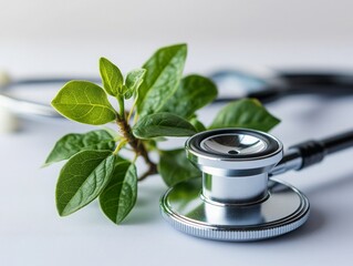 Integrative Medicine: Stethoscope with Fresh Green Leaves, Representing Natural Healing, Holistic Approach to Wellness and Complementary Therapies.