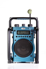 Front View of a Portable Ultra Rugged Blue Radio with Functional Controls