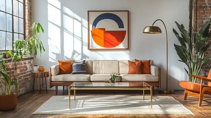 Interior of Modern Living Room with Orange Sofa Orange Armchair and Lamp 3D Render..