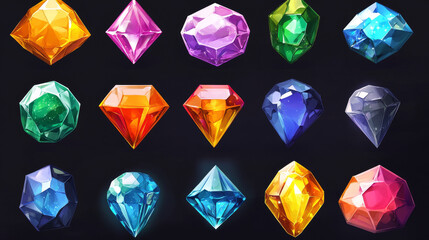 Crystal gem and magic stone vector game jewel set. Fantasy diamond treasure and gemstone ui isolated icon design. Shiny underground mine piece for interface item in blue, red and purple color