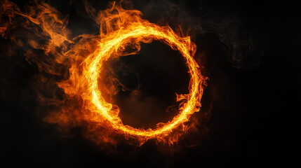 Abstract fire ring isolated on black background. Vector realistic illustration of circular sign with flame border, orange sparkles and neon smoke glowing in darkness, magic energy effect, hell symbol