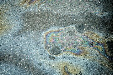 Colorful Oil Spill Creates a Striking Pattern on the Asphalt Surface in an Urban Setting During Daylight