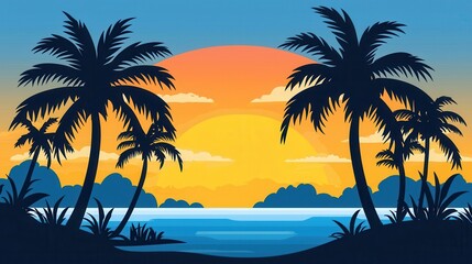 Obraz premium Tropical Sunset Silhouette Palm Trees Ocean and Vibrant Sky
