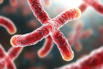 Close-up view of detailed red bacteria under a microscope, depicting unique cellular structure and intricate patterns.