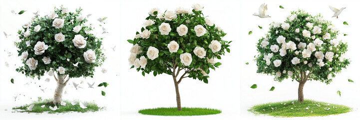 Set of a tree with white flowers and birds flying, White flowers bouquet roses and leaves There will bird isolated on a transparent background