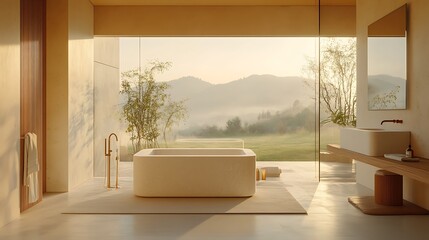 Bathroom Interior with Bathtub Panoramic Window and Mountain View 3D Rendering..