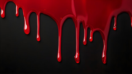 Glossy Red Liquid Dripping on Black Background, Close-Up of Melting Substance or Paint Flow with Intense Color and Glossy Texture, Abstract Horror or Art Concept

