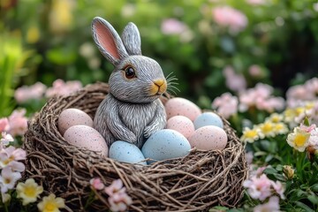 Rabbit in a nest with colorful eggs among flowers