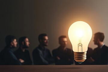 Glowing light bulb symbolizing innovative ideas with a group of individuals blurred in the background, creating a thought-provoking atmosphere.
