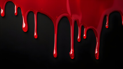 Glossy Red Liquid Dripping on Black Background, Close-Up of Melting Substance or Paint Flow with Intense Color and Glossy Texture, Abstract Horror or Art Concept

