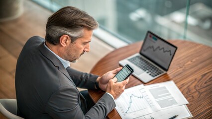 Overhead shot of a businessman using his smartphone to check emails or financial data. (Business)