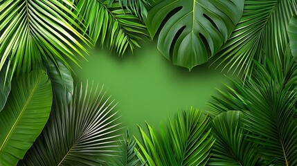 Tropical leaves frame a green copy space, perfect for backgrounds or invitations
