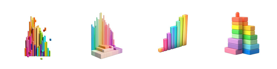 Colorful 3D bar charts, different styles, showing data, with a white background isolated on white or transparent