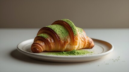 Fototapeta premium matcha croissant with matcha powder, space for copy 