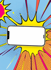 A blank screen smartphone on a vibrant pop art comic background, suitable for advertisement, blog pages, anouncement 2
