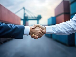 Two business professionals shake hands in a shipping yard, symbolizing partnership and collaboration amidst cargo containers.