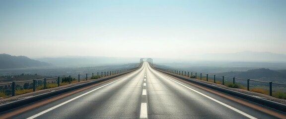 Fototapeta premium Endless asphalt ribbon vanishing into hazy distance, clouds, travel