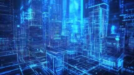 Futuristic city digital network.  Possible use Stock photo for technology, science fiction, or urban design