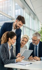 Obraz premium Business professionals collaborating and discussing an online project using a tablet.