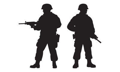 Silhouette vector set of an American soldier holding a gun. On white background