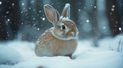Adorable Brown Rabbit in Winter Wonderland Snow Falling Cute Bunny in Snow