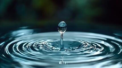 Water droplet impact creates ripples with dark background; ideal for conservation, nature visuals