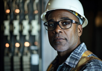 An experienced electrician stands confidently in front of electrical panels, showcasing expertise in wiring and safety practices at work
