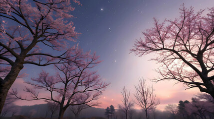 Obraz premium Serene Twilight Whispers Secrets Through Blossoming Cherry Trees Under A Starlit Sky With Soft Pastel Hues