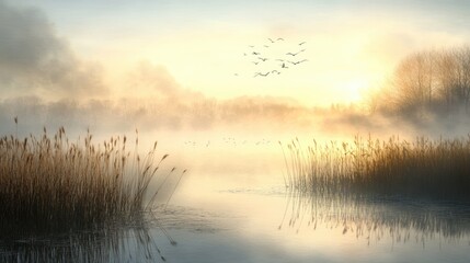 Obraz premium Misty Morning Sunrise over Serene Lake