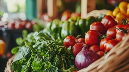A vibrant assortment of fresh vegetables, including tomatoes, peppers, and greens, arranged in a wicker basket at a market.