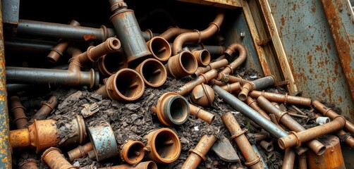 Rusting metal pipes spill from a overflowing dumpster, grime and decay evident, city, abandoned