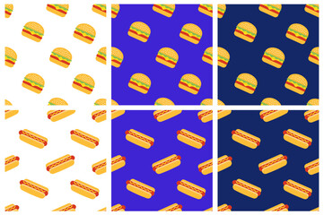 Seamless vector repeated design showcasing burgers and hot dogs over vibrant colored backgrounds. Ideal for food-themed designs, marketing materials, and wallpapers.